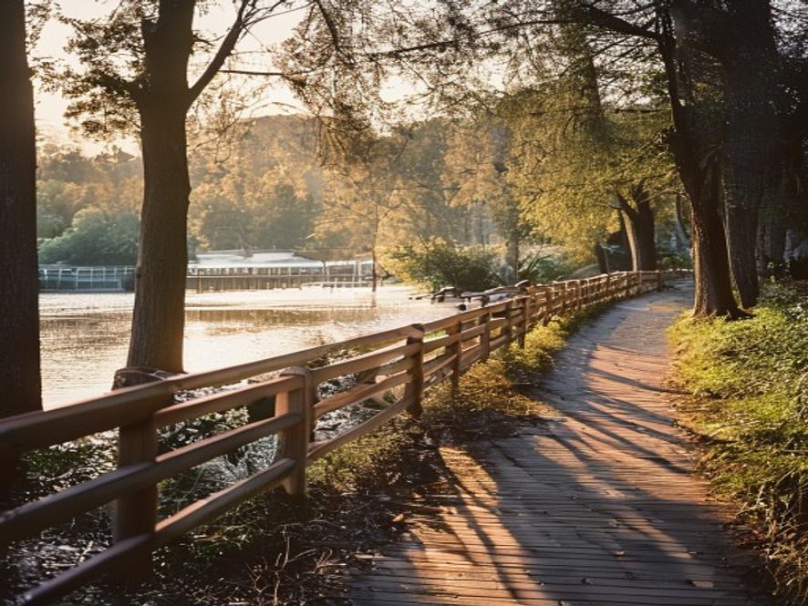 Portland riverside park with walking path and trees
