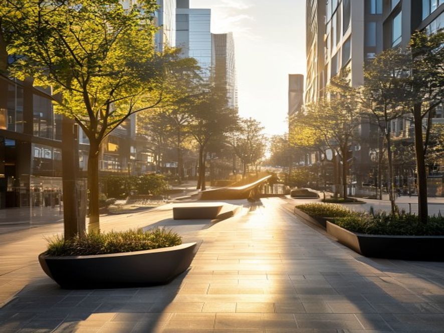 Portland plaza with public seating and urban trees